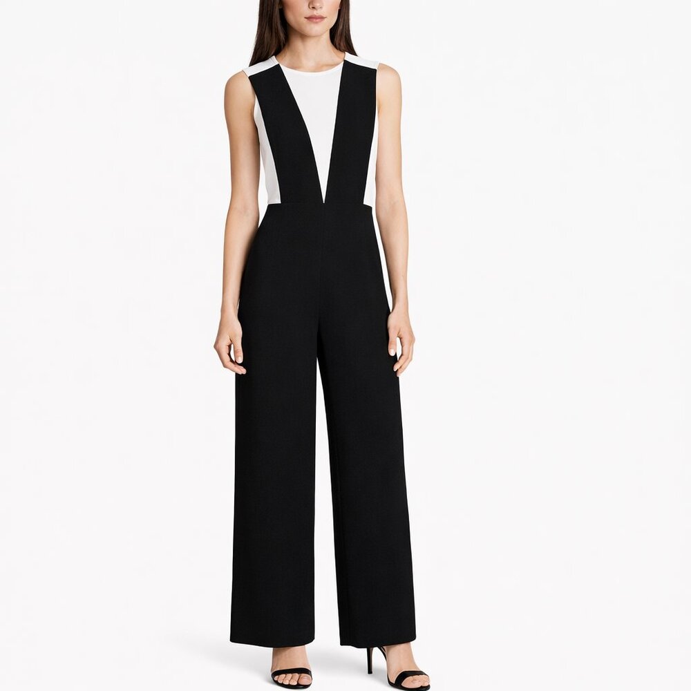 BCBGMAXAZRIA Galiena Black White Wide Leg Jumpsuit Sleeveless Size 0